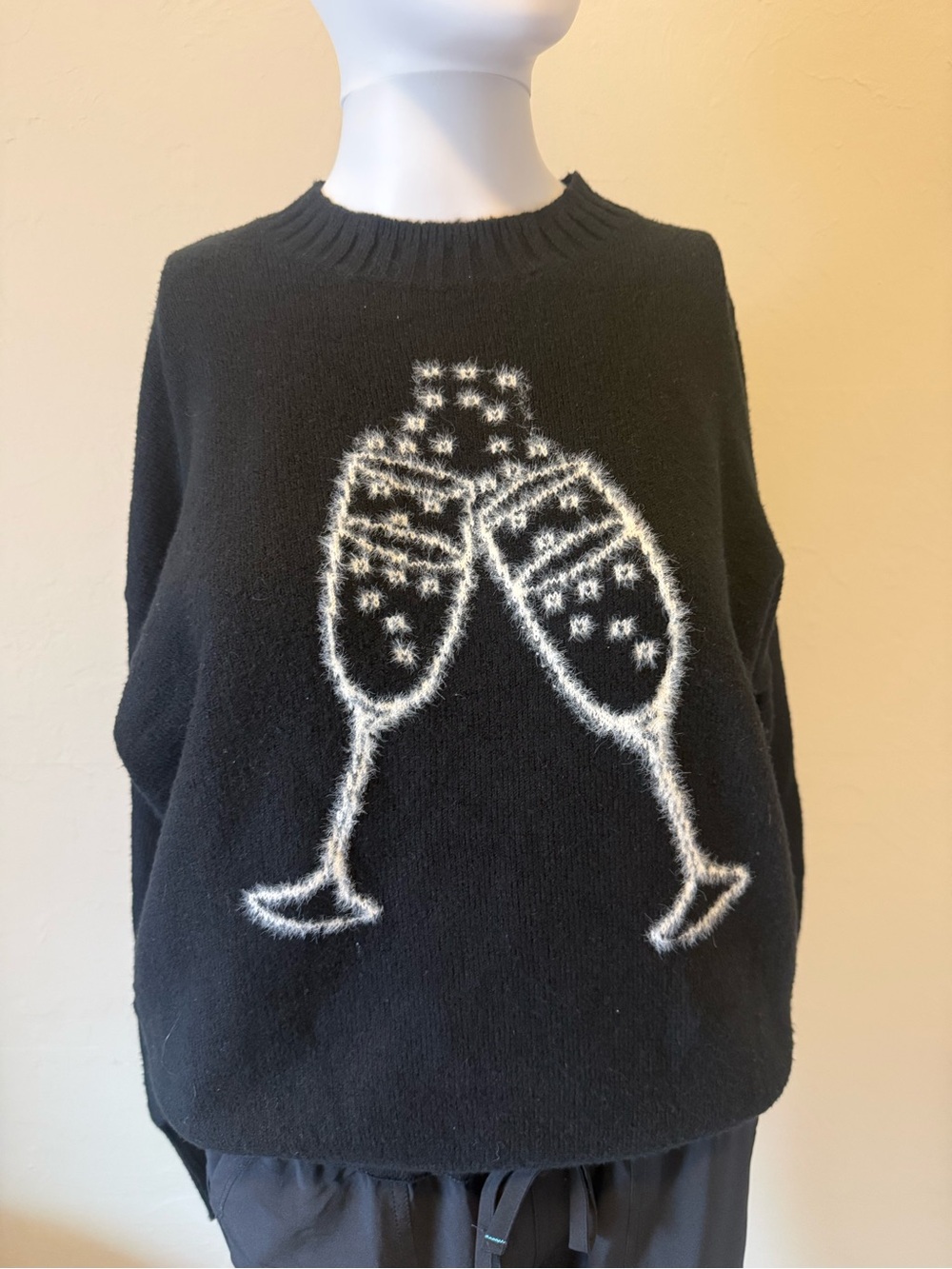 LOFT Black Sweater with White Fuzzy Champagne Glass Motif